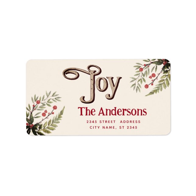 Vintage Joy botanical holly Label Adressetikett (Framsidan)