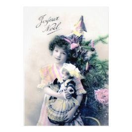 Vintage Joyeux Noël med Girl and Doll Fototryck