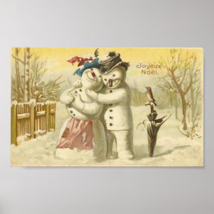 Vintage Joyeux Noel Snögubbe & Woman Card Poster
