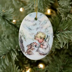 Vintage jul Angel Baby och Bunny Helgdag Julgransprydnad Keramik