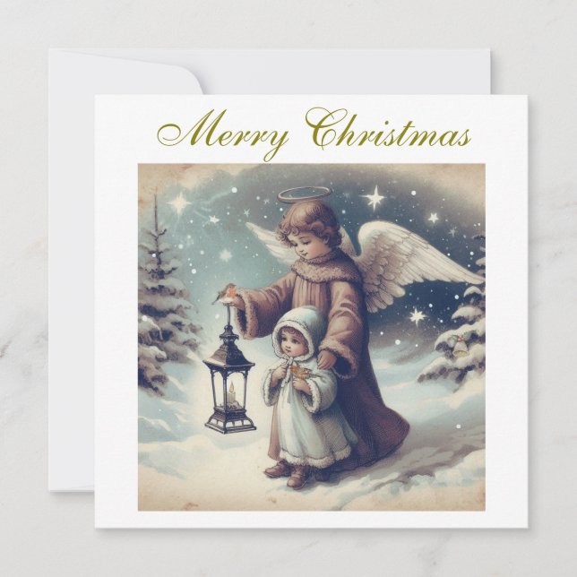 Vintage jul Angel, Barn och fåglar Julkort (Framsida)