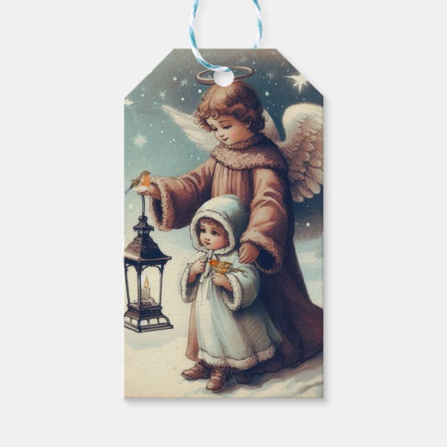Vintage jul Angel, Barn och fåglar Presentetikett (Framsidan)
