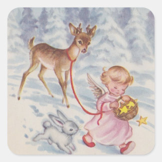 Vintage jul Angel Hjort och Bunny Fyrkantigt Klistermärke