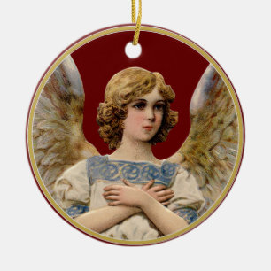 Vintage jul Angel Mörk Red Helgdag Message Julgransprydnad Keramik
