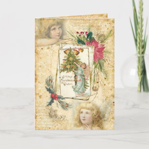 Vintage jul Änglar, Holly & Poinsettias Helgkort