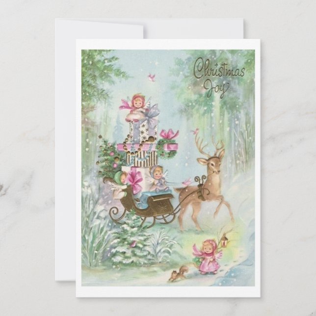 Vintage jul Änglar i Sleigh Julkort (Framsida)
