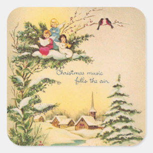 Vintage jul Änglar i Träd Fyrkantigt Klistermärke