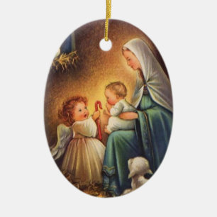 Vintage jul Änglar och Mary med Baby Jesus Julgransprydnad Keramik