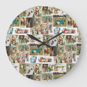 Vintage jul Antique Collage Julafton Stor Klocka