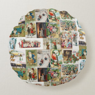 Vintage jul Antique Collage Rund Kudde