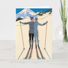 Vintage jul Art Deco, Kärlek Romantik Kiss Skis Helgkort