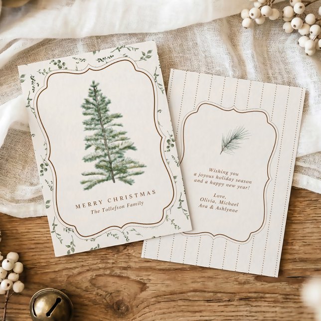 Vintage Jul Arv Julgran Brun Julkort (Neutral non-photo Christmas card with watercolor evergreen tree and botanical frame)