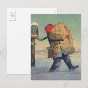 Vintage jul, barn med stort paket helg vykort