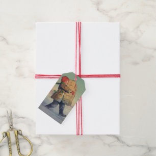 Vintage jul, barn med stort paket presentetikett