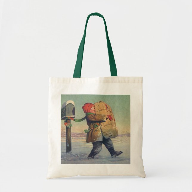 Vintage jul, barn med stort paket tygkasse (Framsidan)