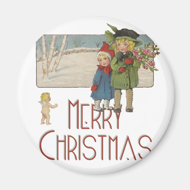 Vintage jul barn och kerub konsttryck magnet (Framsidan)