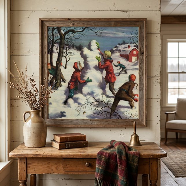 Vintage jul, barn snöbollskastning poster (Vintage illustration Christmas design featuring children building a snowman and a snowball fight. )