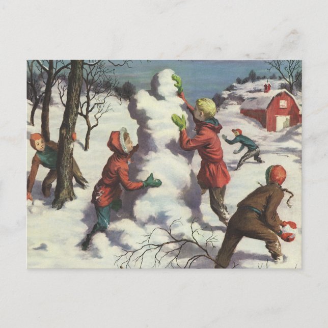 Vintage jul, barn snöbollskrig helg vykort (Framsida)