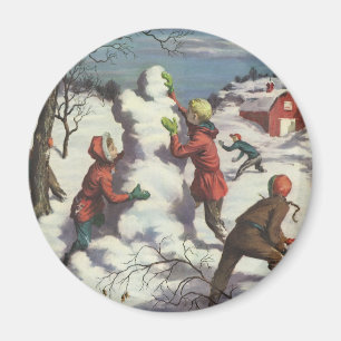 Vintage jul, barn snöbollskrig magnet