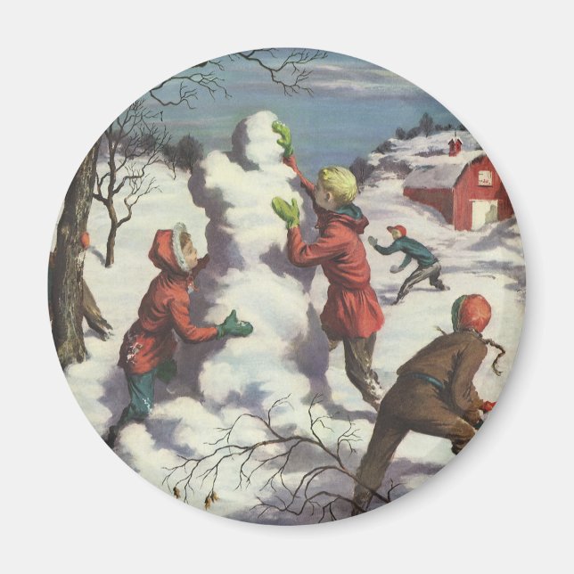 Vintage jul, barn snöbollskrig magnet (Framsidan)
