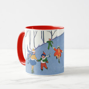 Vintage jul, barn som åker is på en sjö mugg