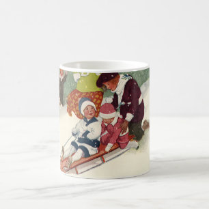 Vintage jul, barn som åker pulka i snön kaffemugg
