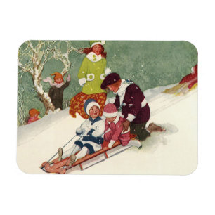 Vintage jul, barn som åker pulka i snön magnet
