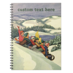 Vintage jul, barn som åker pulka nerför ett berg anteckningsbok