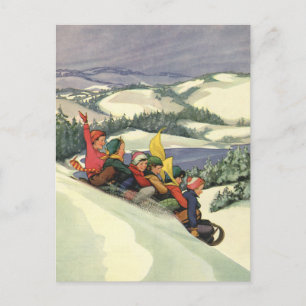 Vintage jul, barn som åker pulka nerför ett berg helg vykort