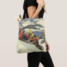 Vintage jul, barn som åker pulka nerför ett berg