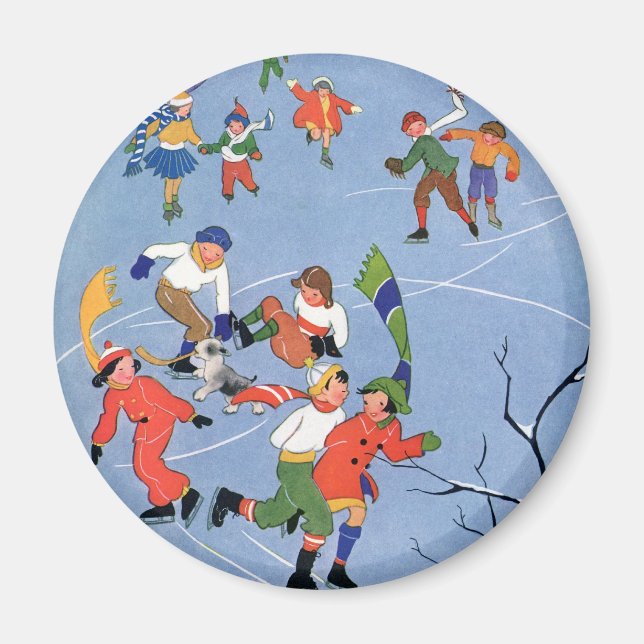 Vintage jul, barn som åker skridskor på en sjö magnet (Framsidan)