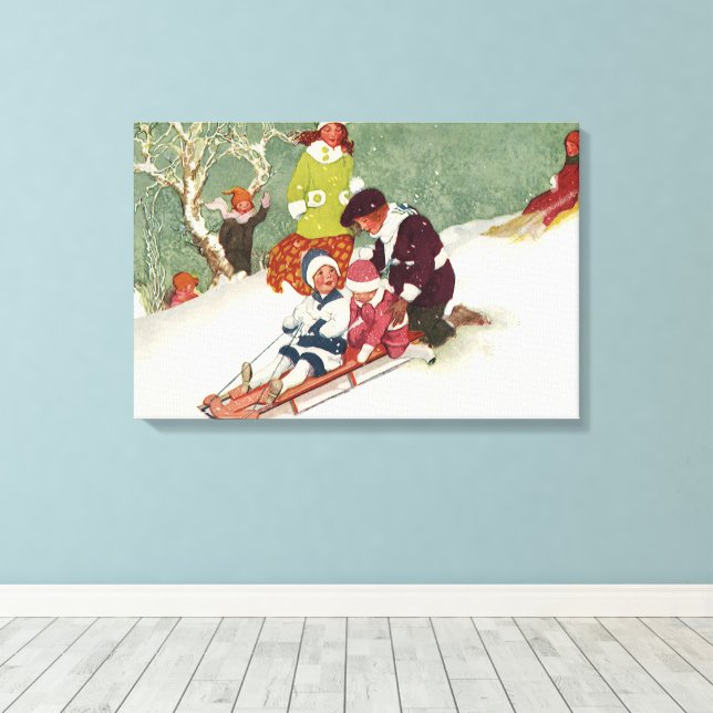 Vintage jul, Barn som leker i Snö Canvastryck (Insitu (trägolv))