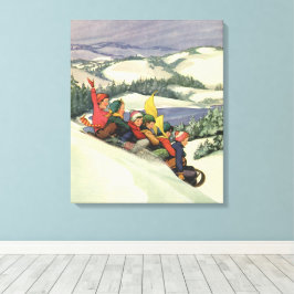 Vintage jul, barn som leker på ett berg canvastryck