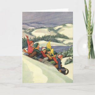 Vintage jul, barn som leker på ett berg helgkort