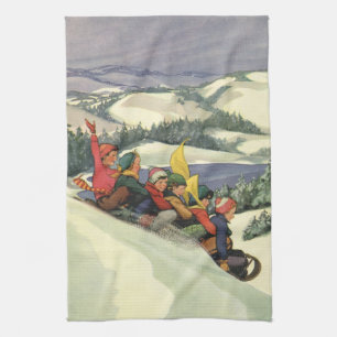 Vintage jul, barn som leker på ett berg kökshandduk