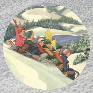 Vintage jul, barn som leker på ett berg runt klistermärke