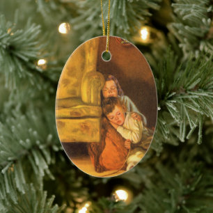 Vintage jul Barn som väntar på Jultomten Julgransprydnad Keramik