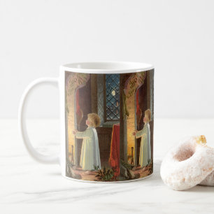 Vintage jul, barn som värmer sig vid öppen spis kaffemugg