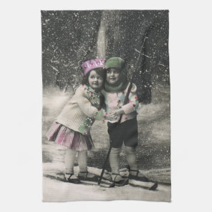 Vintage jul, bästa vänner på skidor kökshandduk