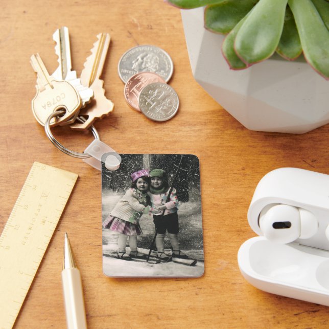 Vintage jul, bästa vänner på skidor nyckelring (Skrivbord)