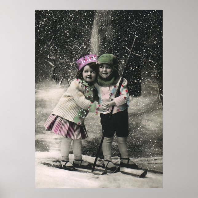 Vintage jul, bästa vänner på skidor poster (Framsidan)