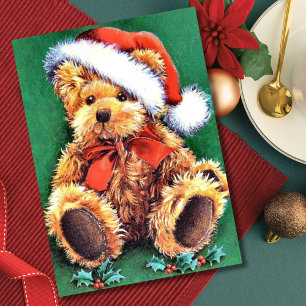 Vintage jul Bear Wearing Santa Hat Julkort