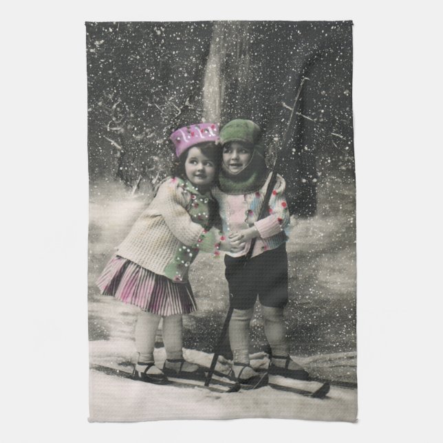 Vintage jul, Best Friends on Skis Kökshandduk (Vertikal)