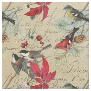 Vintage jul Bird and Poinsettia Helgdag Tyg