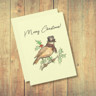 Vintage jul Bird on Holly Gren Julkort