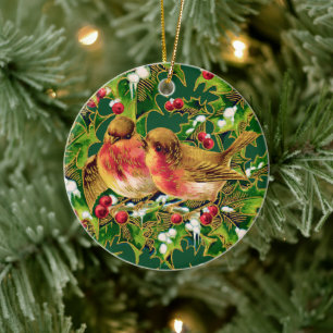 Vintage jul Birds Holly Faux Guld Julgransprydnad Keramik