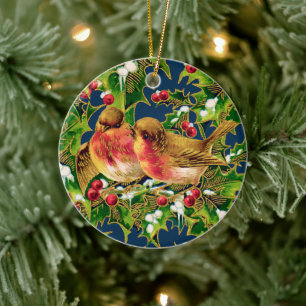 Vintage jul Birds Holly Faux Guld Julgransprydnad Keramik