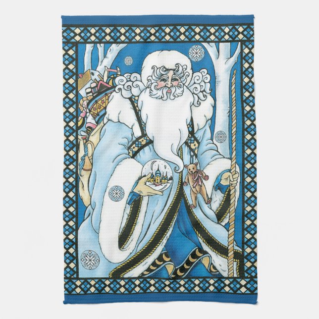 Vintage jul, Blå tomte med snöglob Kökshandduk (Vertikal)
