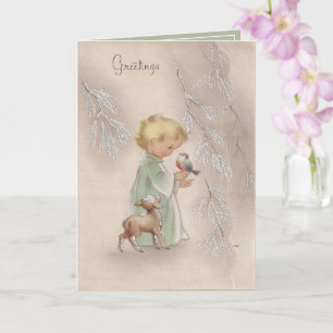 Vintage jul Blonde Baby Bird Lamb Kort