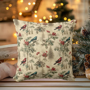 Vintage jul Blue Jay Red Mockingbird Kudde